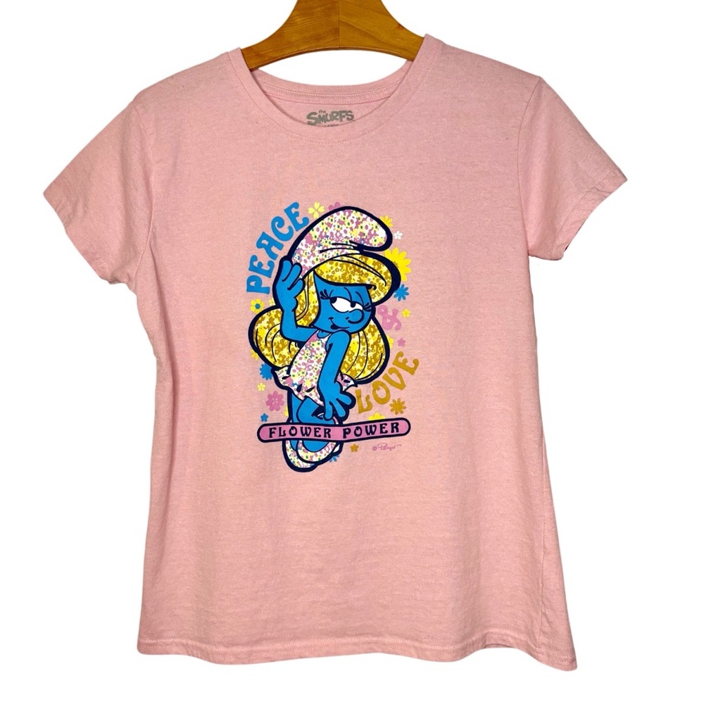 Women's Large Smurfette Smurf Peace, Love, Flower Power Pink T-Shirt